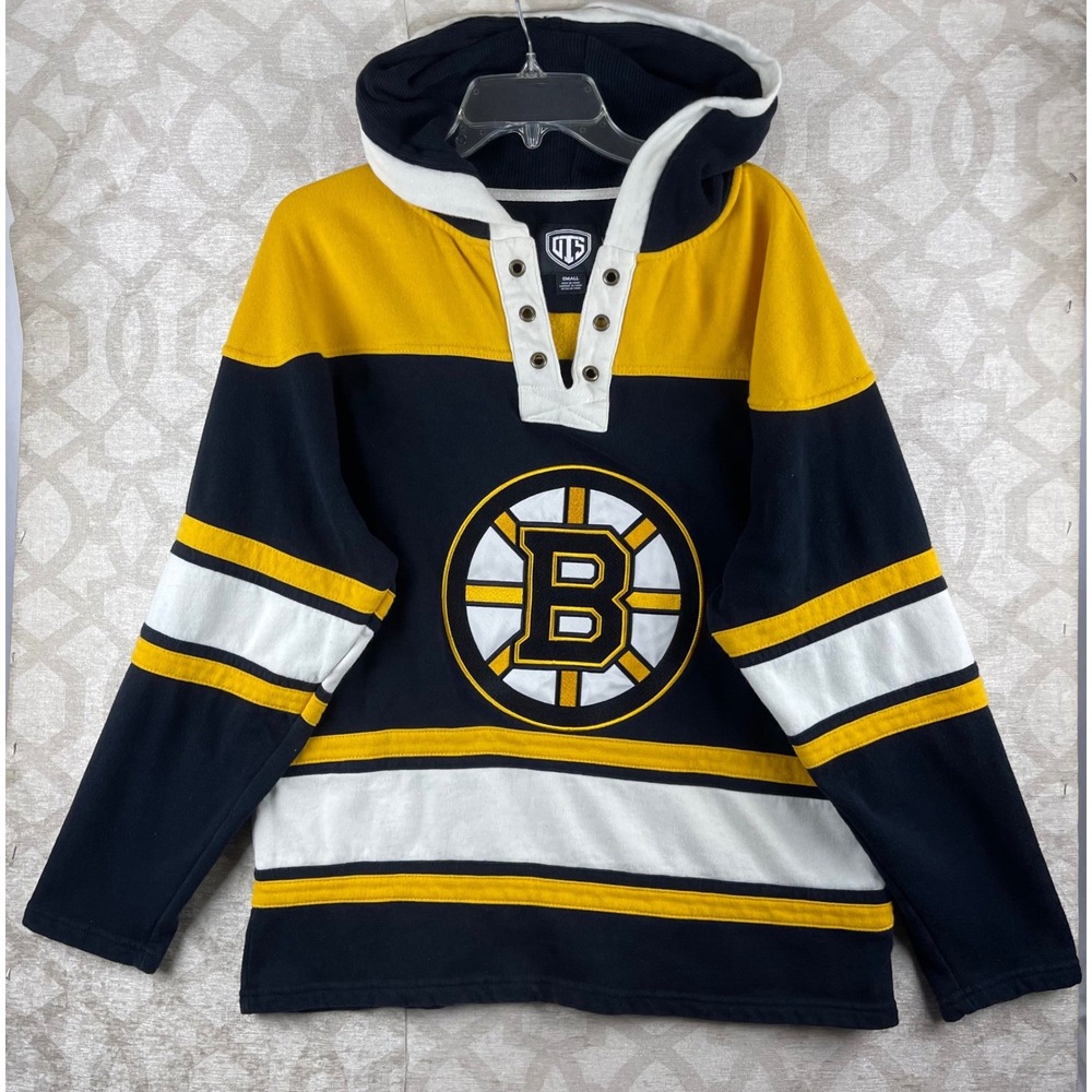 OTS NHL Boston Bruins Men Small Black Gold Lace Up Jersey Hoodie Fleece Pullover